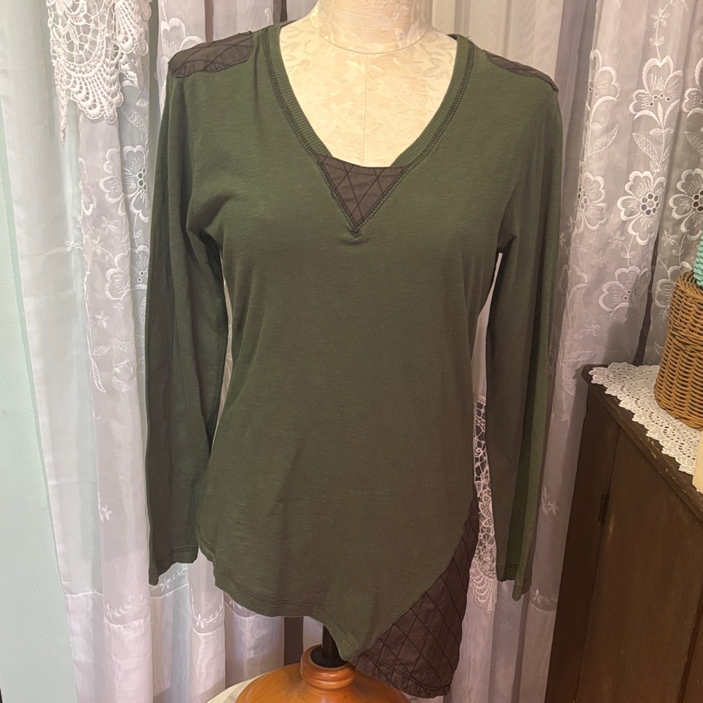 Mona B Asymmetrical Cotton Quilted Patchwork Olive Top Sz S